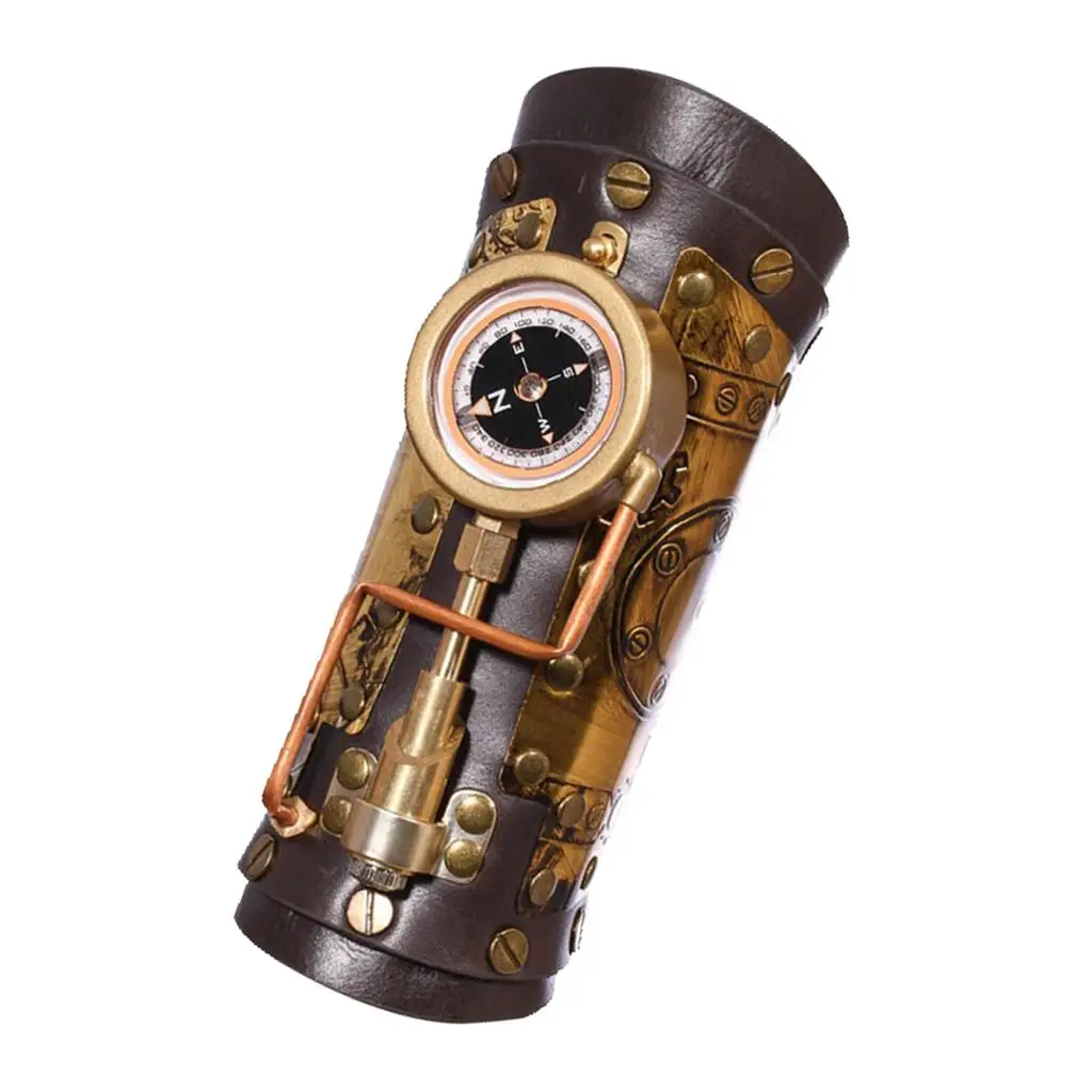 Steampunk Arm Sleeve with Compass Women Men Durable PU Leather Reusable Arm Bracer for Cosplay Festive Masquerade Party Carnival