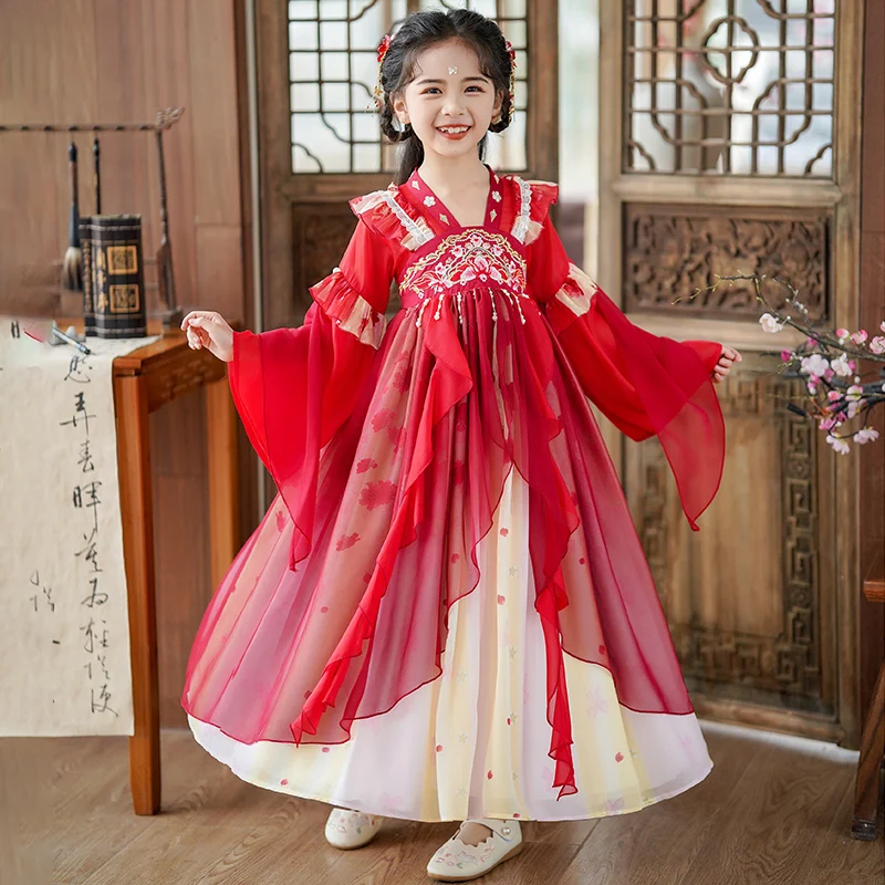 6989 2024 Summer New Girls' Tangzhuang Hanfu Dress Ancient Chinese Style Skirt Super Immortal Chiffon Children's Skirt