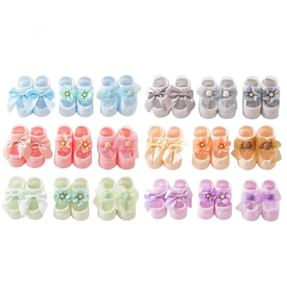 3 Pairs Non-slip Children Floor Socks Anti Skid Toddler Slipper Cute Baby Socks Girls Spring Newborn Kids Flower Bowknot Lace