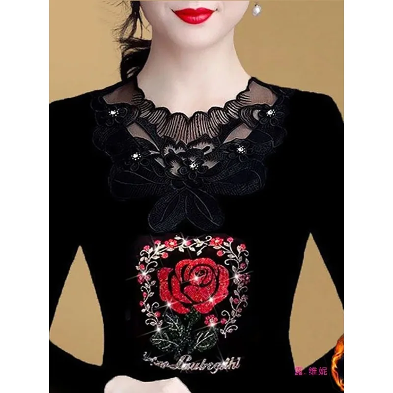 New Milk Silk Fleece Lined plus Size Long Sleeve Mesh Base Shirt Women's Lace Top Casual Style Polyester Fabric Sleeveless