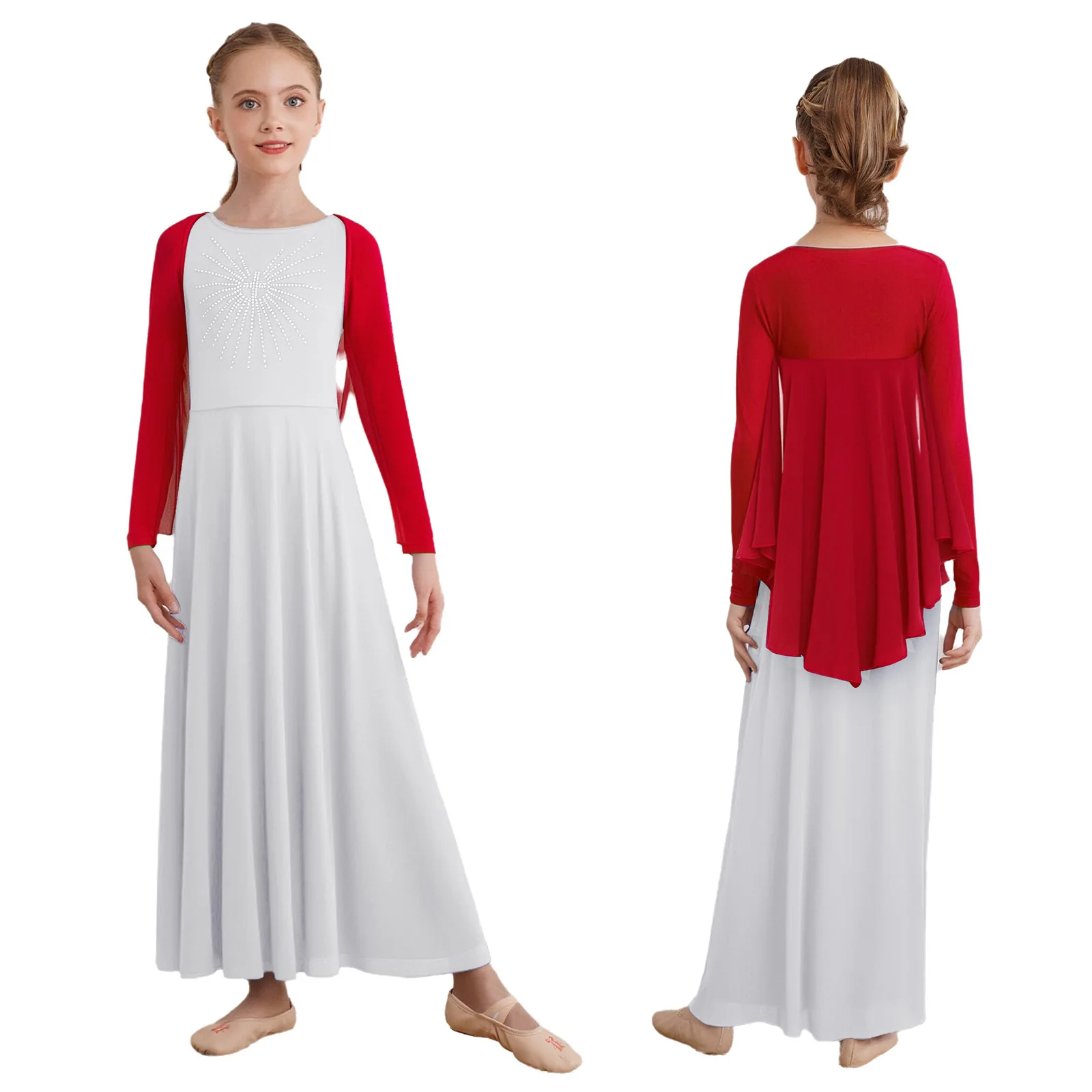 Robe longue lyrique à manches longues pour enfants filles, culte liturgique, avec aile d'ange, ensemble de haussement d'épaules pour spectacle sur scène, fête de danse