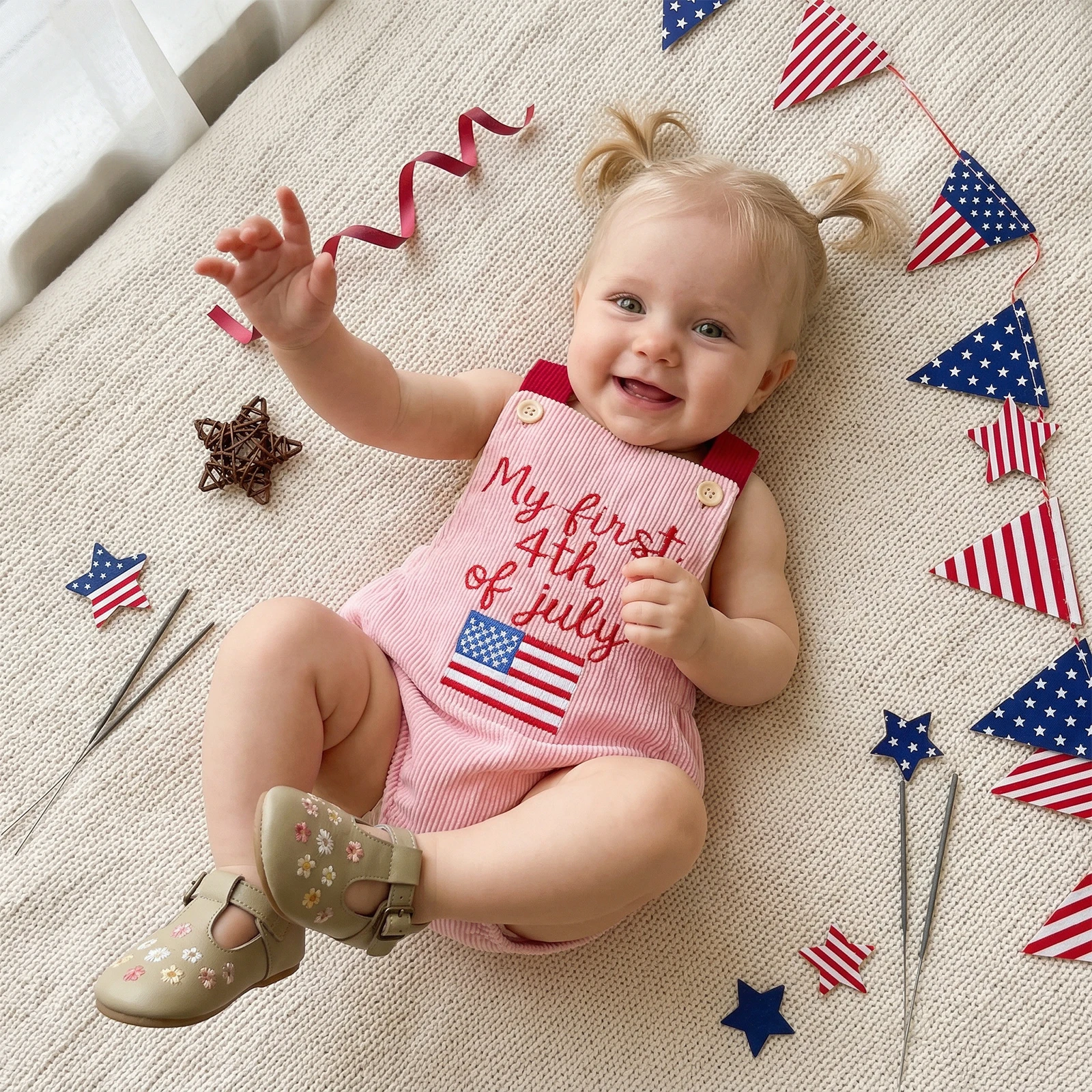Baby Girl 4th of July Romper Casual Ribbed Letter American Flag Embroidered Sleeveless Bodysuits Newborn Baby corduroy Jumpsuit