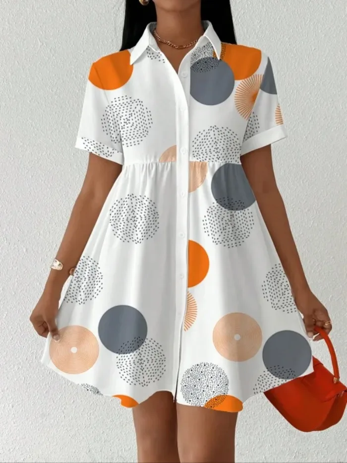 

Большие размеры 1XL-5XL, женское модное элегантное платье с геометрическим принтом, элегантное платье на пуговицах с воротником с лацканами и короткими рукавами, летние милые платья