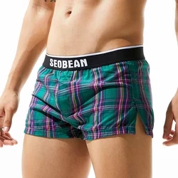 SEOBEAN-pantalones cortos de chándal a cuadros de algodón fino para hombre, pijama abierto frontal, suelto, Delgado, masculino