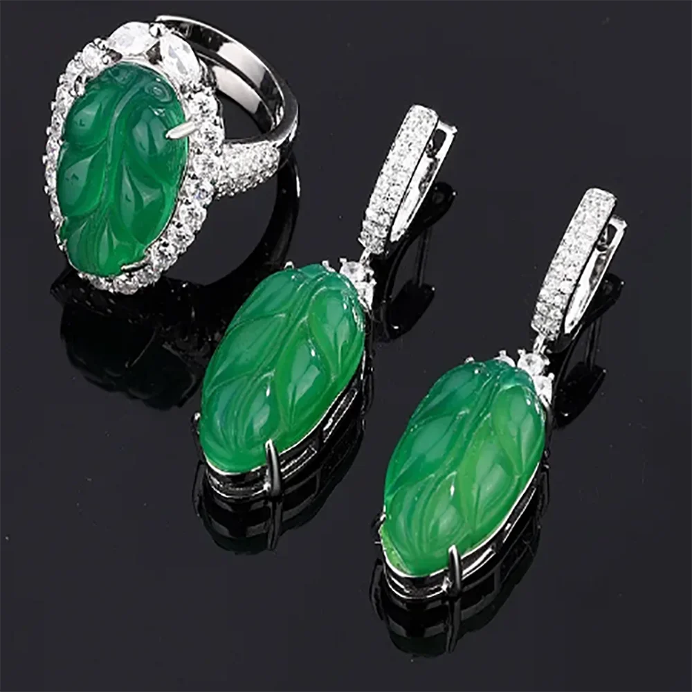 Fashion Elegant Green Jade Leaf Jewelry Includes Adjustable Ring and Earring