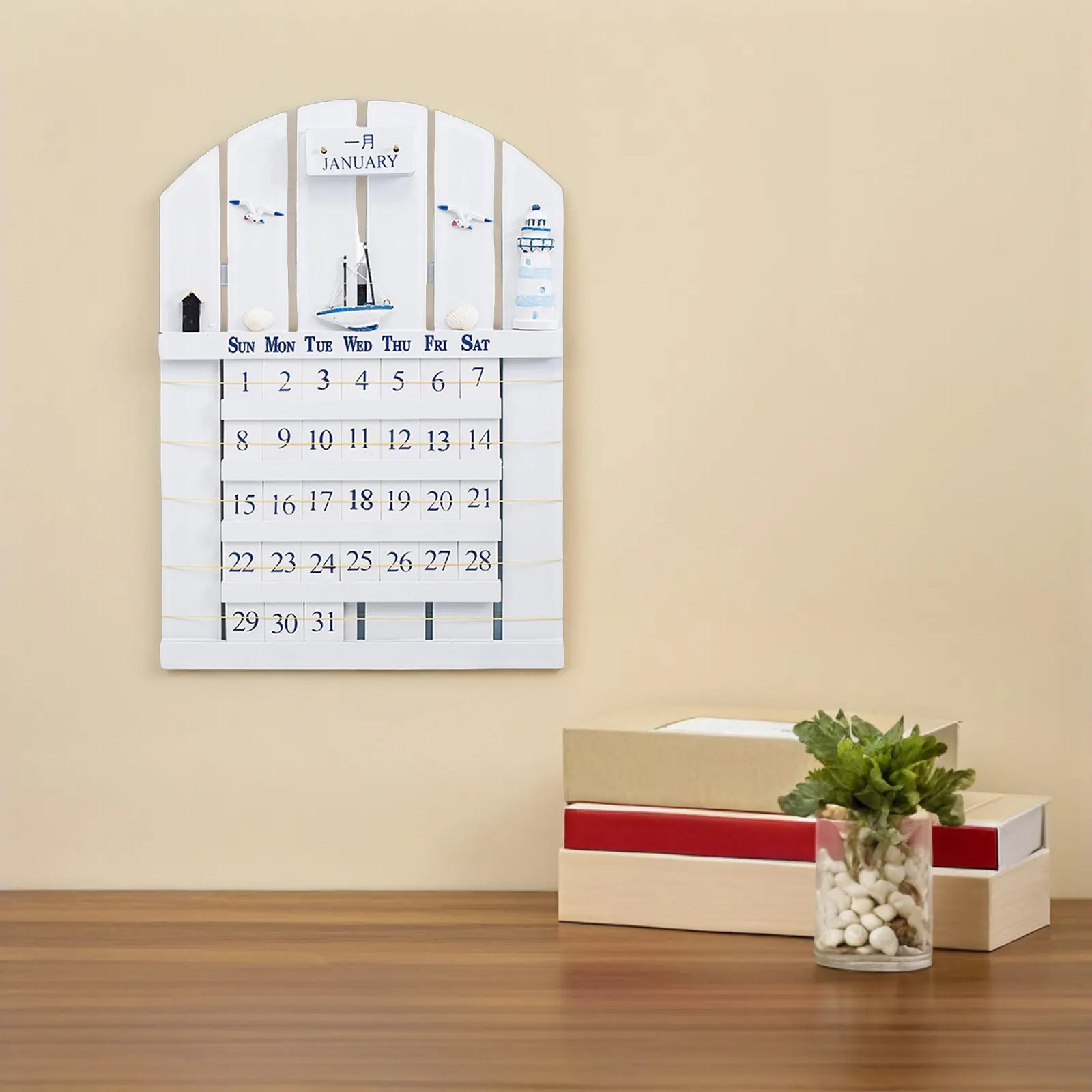 

1Pcs Home Wall Calendar Wooden Perpetual Calendar Mediterranean Style Decorative Date Reminder Household Adornment
