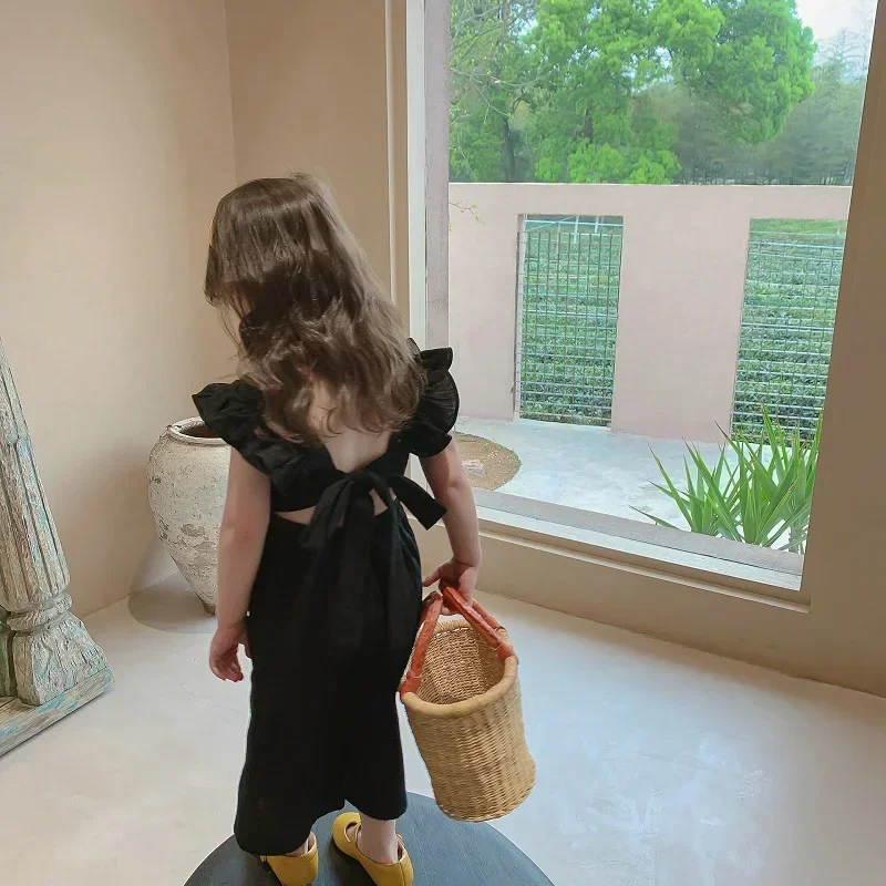 Children's Jumpsuit 2026 Summer Cotton Girls' Temperament Bow-knot Flying Sleeve Backless Bow Jumpsuit