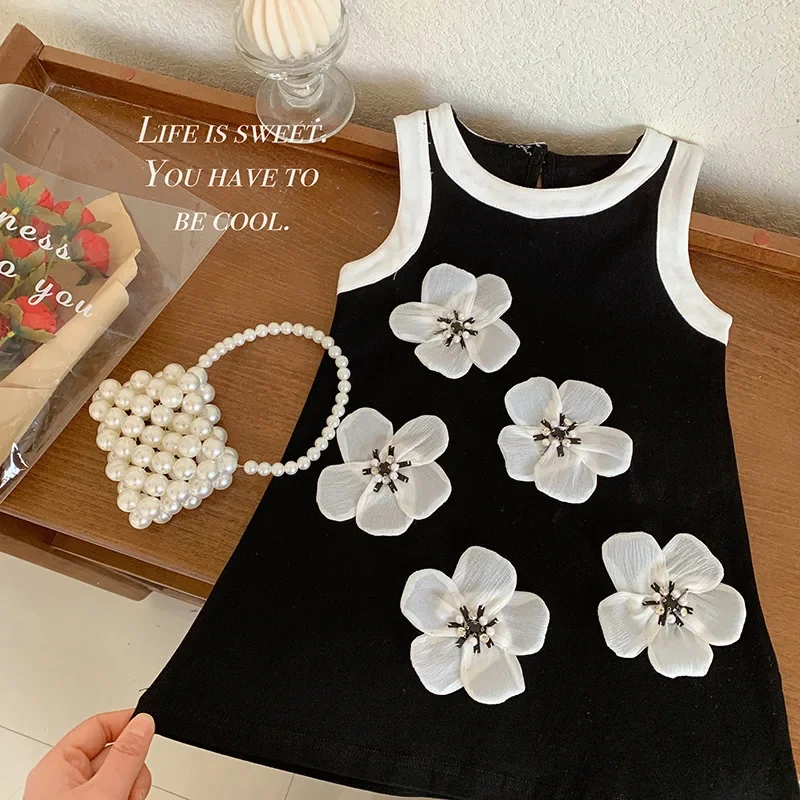 Summer Style Tank Top Flower Stickers Children's Baby Dress Party Dress for Kids Girl Sleeveless Black Princess Dress