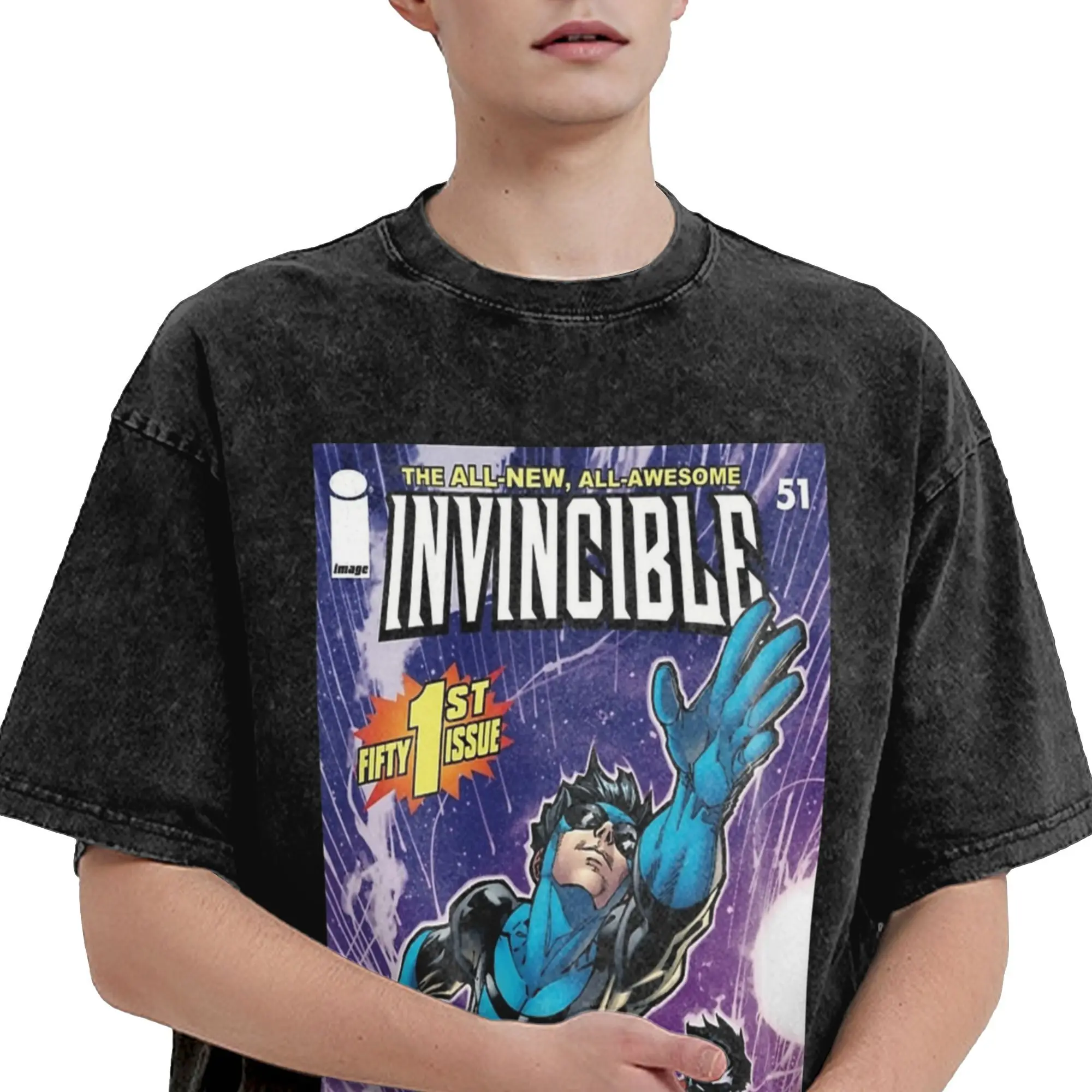 Washed T Shirts The Adventures of Invincible and Kid Omni Man T-Shirt Oversize Short Sleeve Summer Tops Tees for Men Women