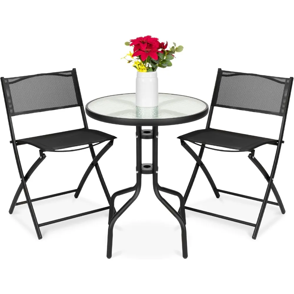 3-Piece Patio Bistro Dining Furniture Set w/Textured Glass Tabletop, 2 Steel Folding Chairs, Polyester Fabric - Black