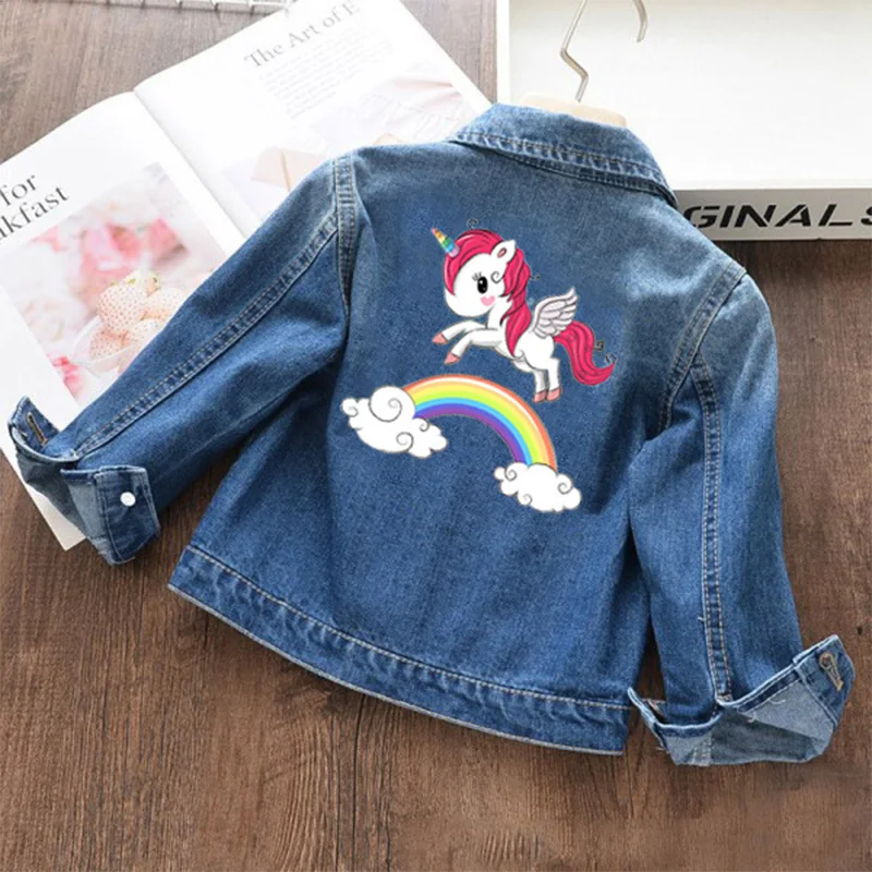 Primavera autunno ragazze giacca di jeans moda cartone animato unicorno giacca a vento per 2-8 anni cotone abbigliamento per bambini capispalla per