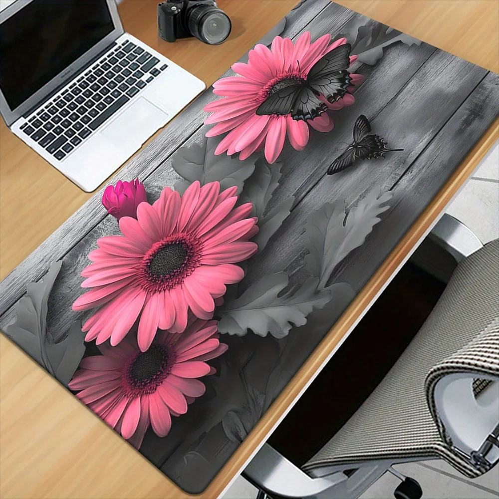 

1pc, Gray Wood, Daisie, Butterfly, Pad for Desk, Gaming, Office Decor, Non-Slip Rubber Base, XXL Computer Mouse Pad, Multi Funct