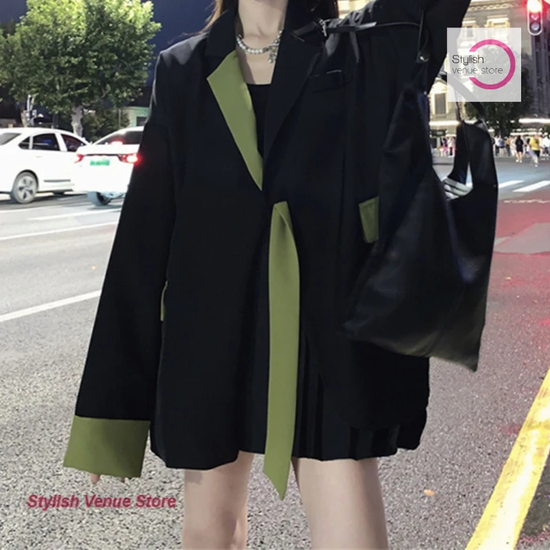 Koreanische Version der lockeren, schicken Freizeitanzugjacke Frühling und Herbst neue Mode Temperament Kontrastband lose lange Anzugjacke