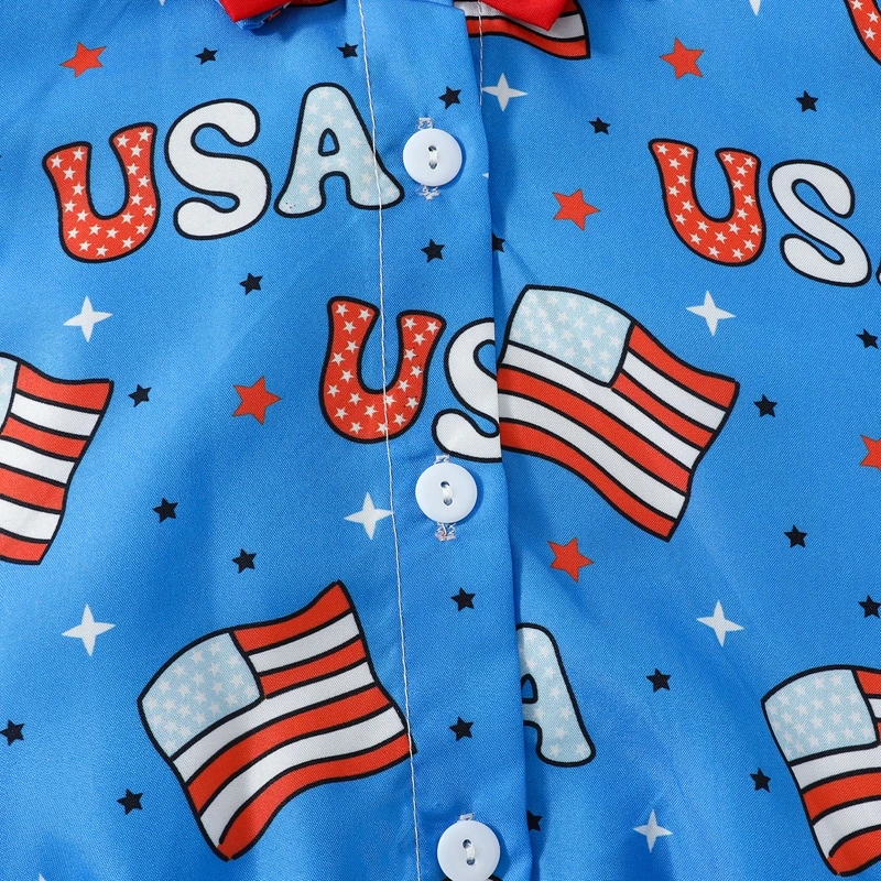 

4th of July Baby Boys Rompers Flag Letter Print Bowtie Turn-Down Collar Short Sleeve Infant Gentleman Bodysuits Summer Jumpsuits