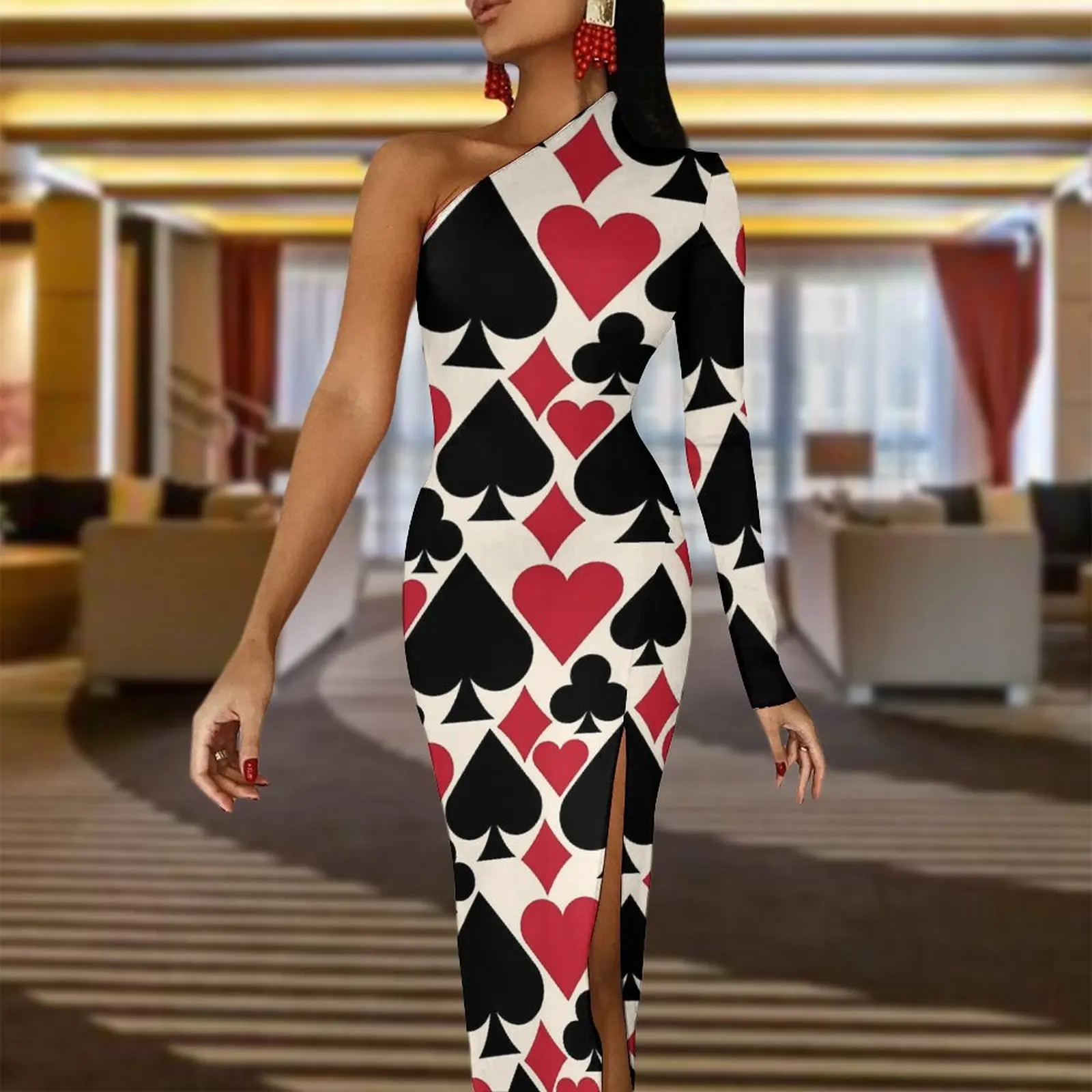 Poker Cards Long Dress Women Casino Fun Streetwear Maxi Dress Autumn Sexy Bodycon Dresses Side Split Design Clothes