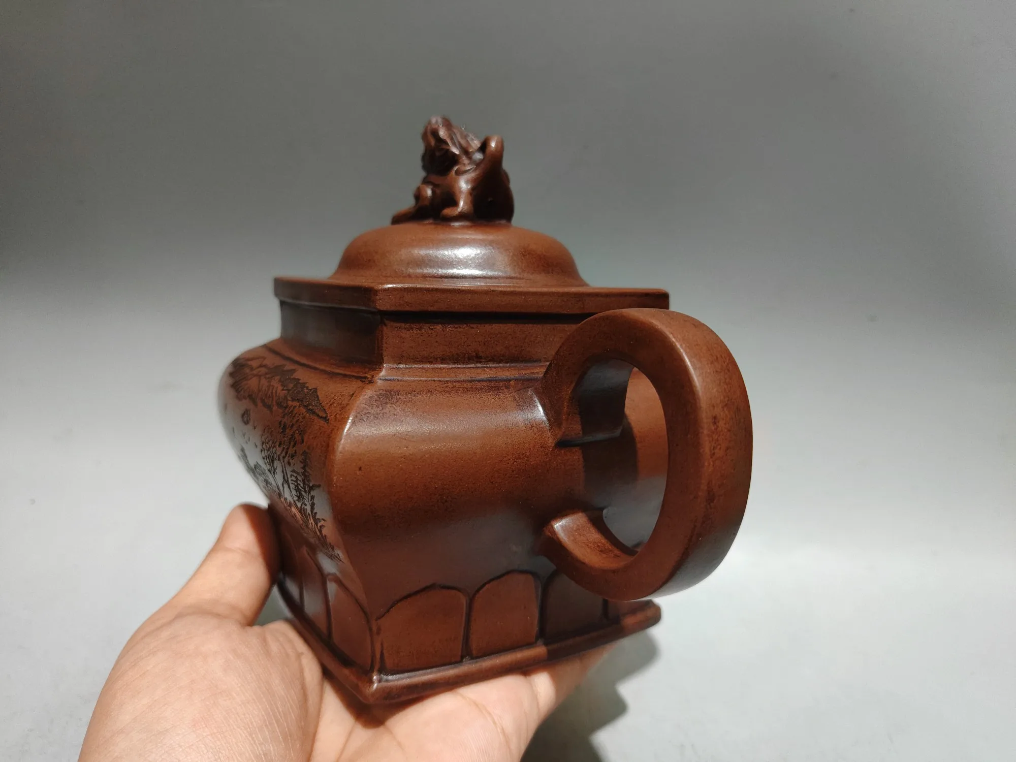 8 "الصينية ييشينغ الأرجواني الطين إبريق الشاي التنين تمثال غطاء المشهد نمط أربعة جوانب إبريق الشاي غلاية إبريق الشاي حفل الشاي