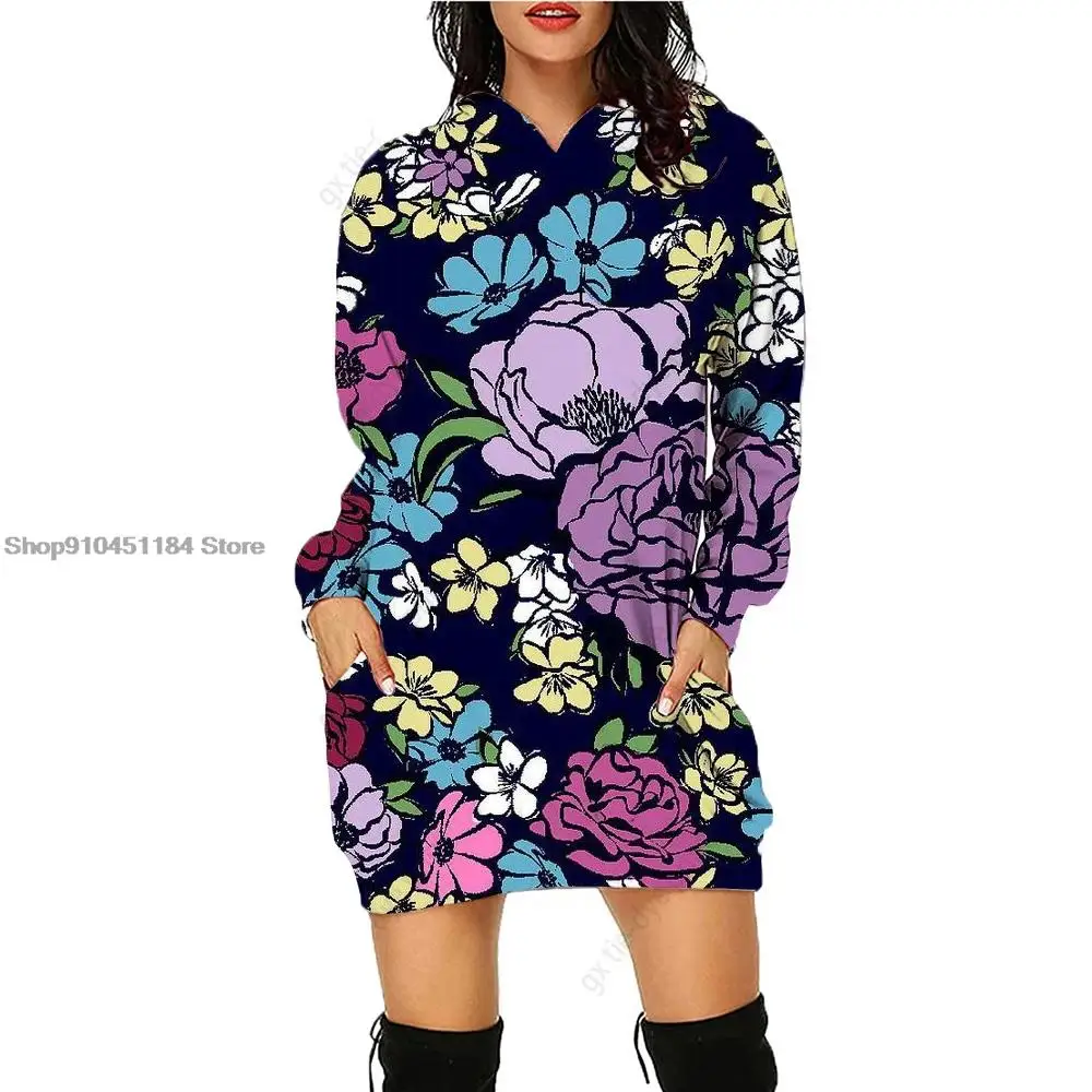 

Autumn Floral print for women Hooded Dress Long Sleeve Pullovers Fashion Medium Length Hoodie Casual Womens Hooded tops