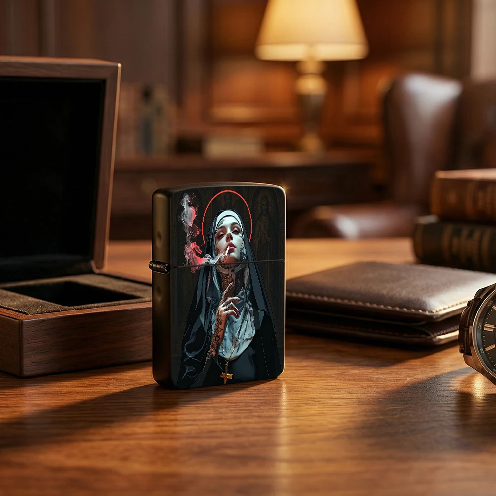 Tattooed Nun Smoking lighters vintage with Halo Red Flame Design for Religious Bar Scene lighters for smokers