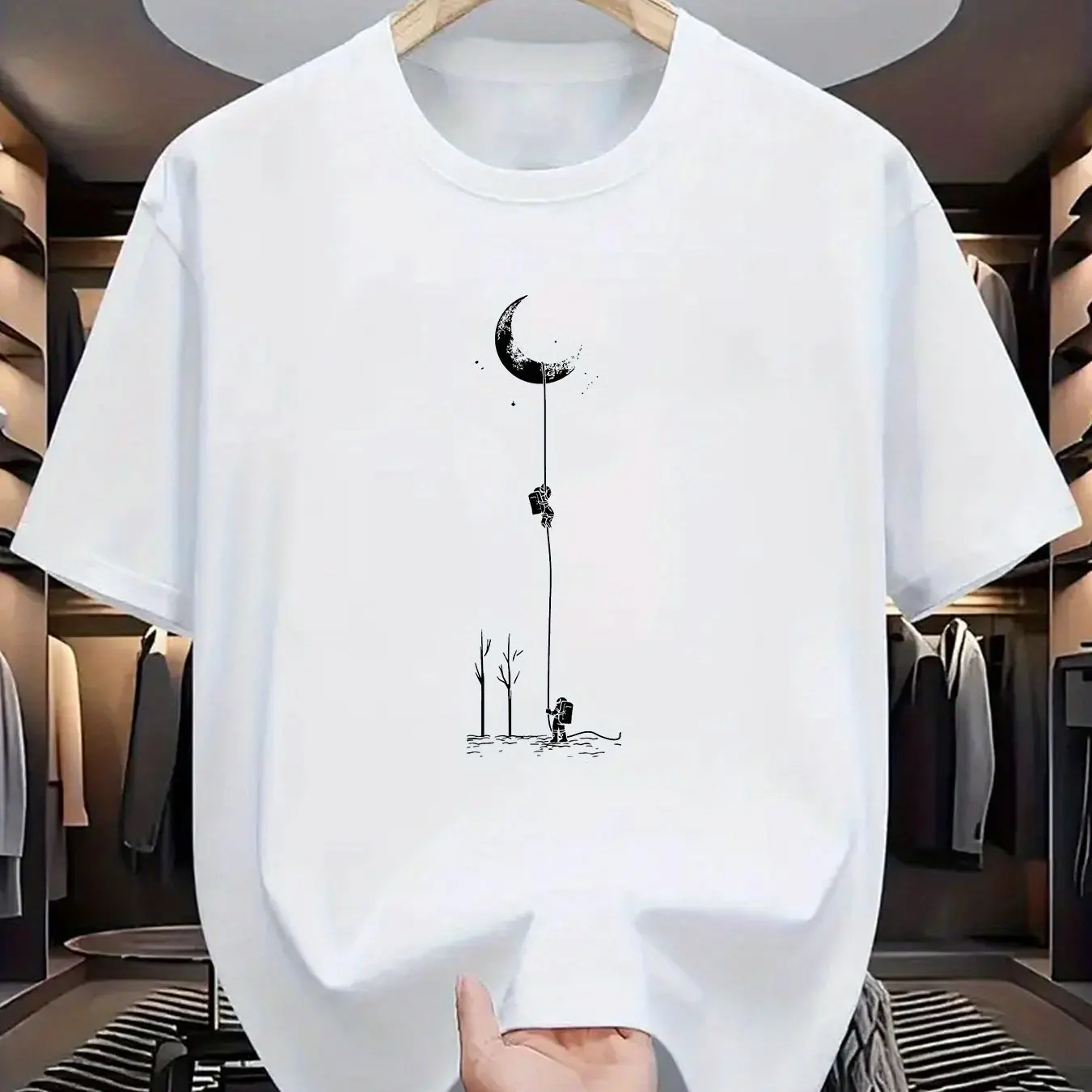 Herren-T-Shirt aus 100 % Baumwolle mit Mondlandungs-Muster und Logo-Print, lässig, locker, Übergröße, Sommer, Kurzarm-Oberteil