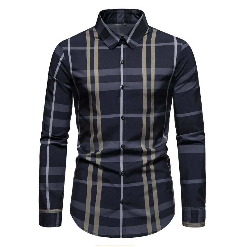 2023 New Men\'s Shirt Stripe Plaid Loose Business Casual High Quality Shirts Black and White long sleeve t shirt men