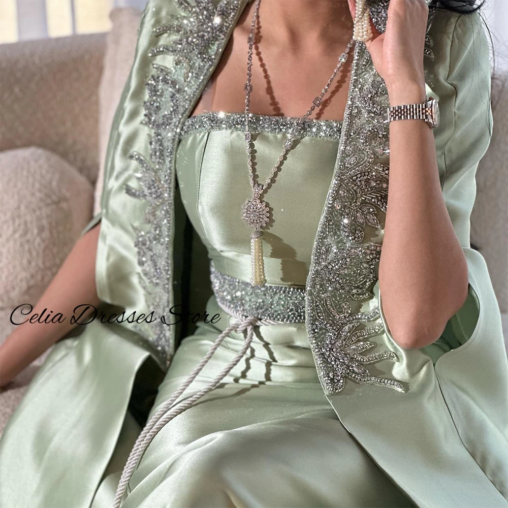 Luxury Green Satin Evening Dress Customized Elegant Strapless Homecoming Dresses Sparkly Crystal Beading Formal Occasion Gowns