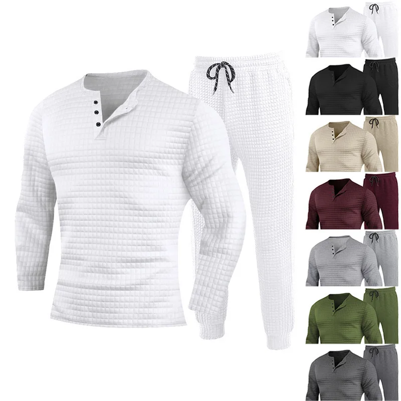 Henley Shirt Männer 2 stücke Sets Frühling Herbst Trainings anzüge Polos hirts Hosen Outdoor Freizeit anzüge Jacquard kleines Quadrat einfach passend