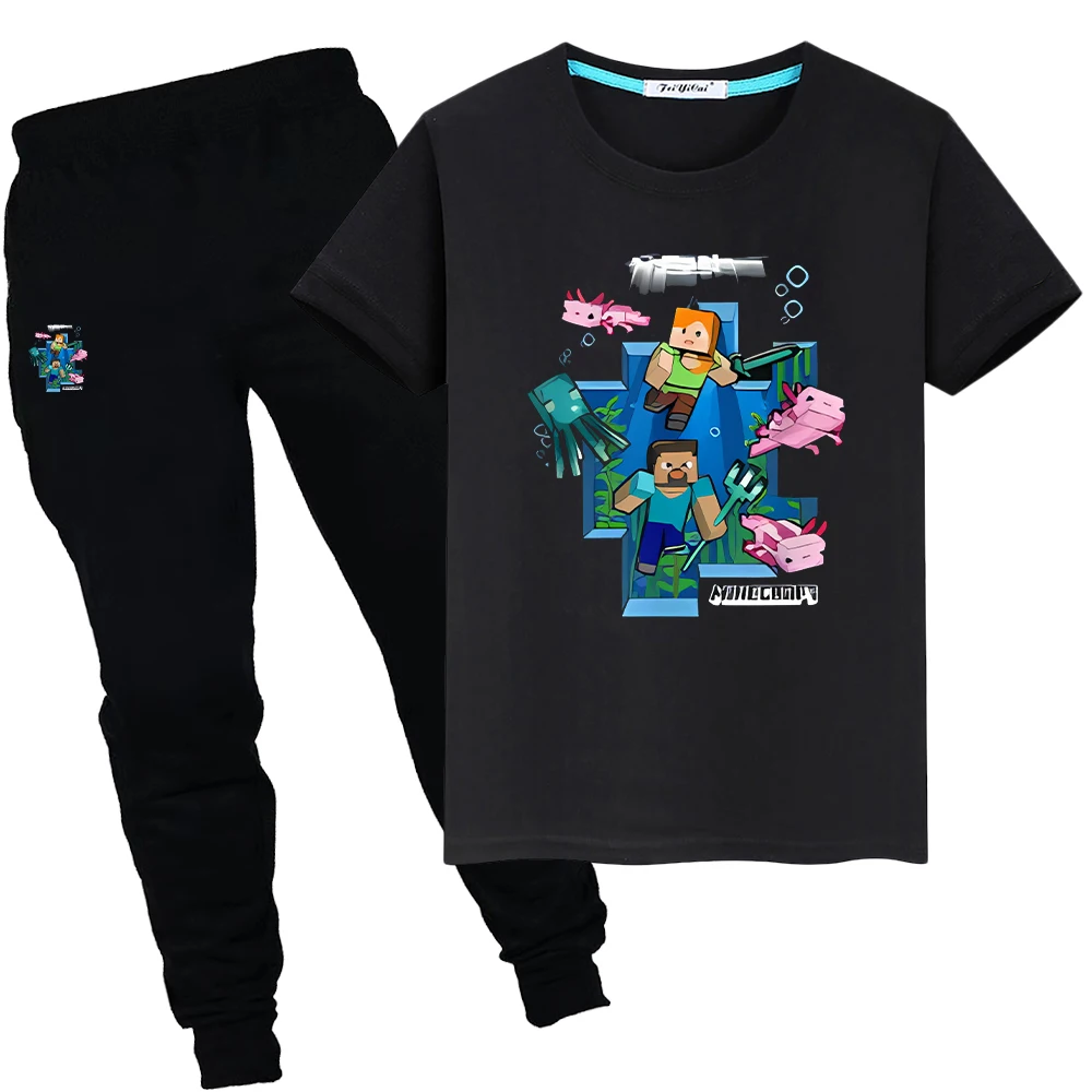 

Minecraft Print 100%Cotton Anime T-shirt 2pcs Short+pants boys girls Sport Sets Children Suit Cartoon clothes kids holiday gift