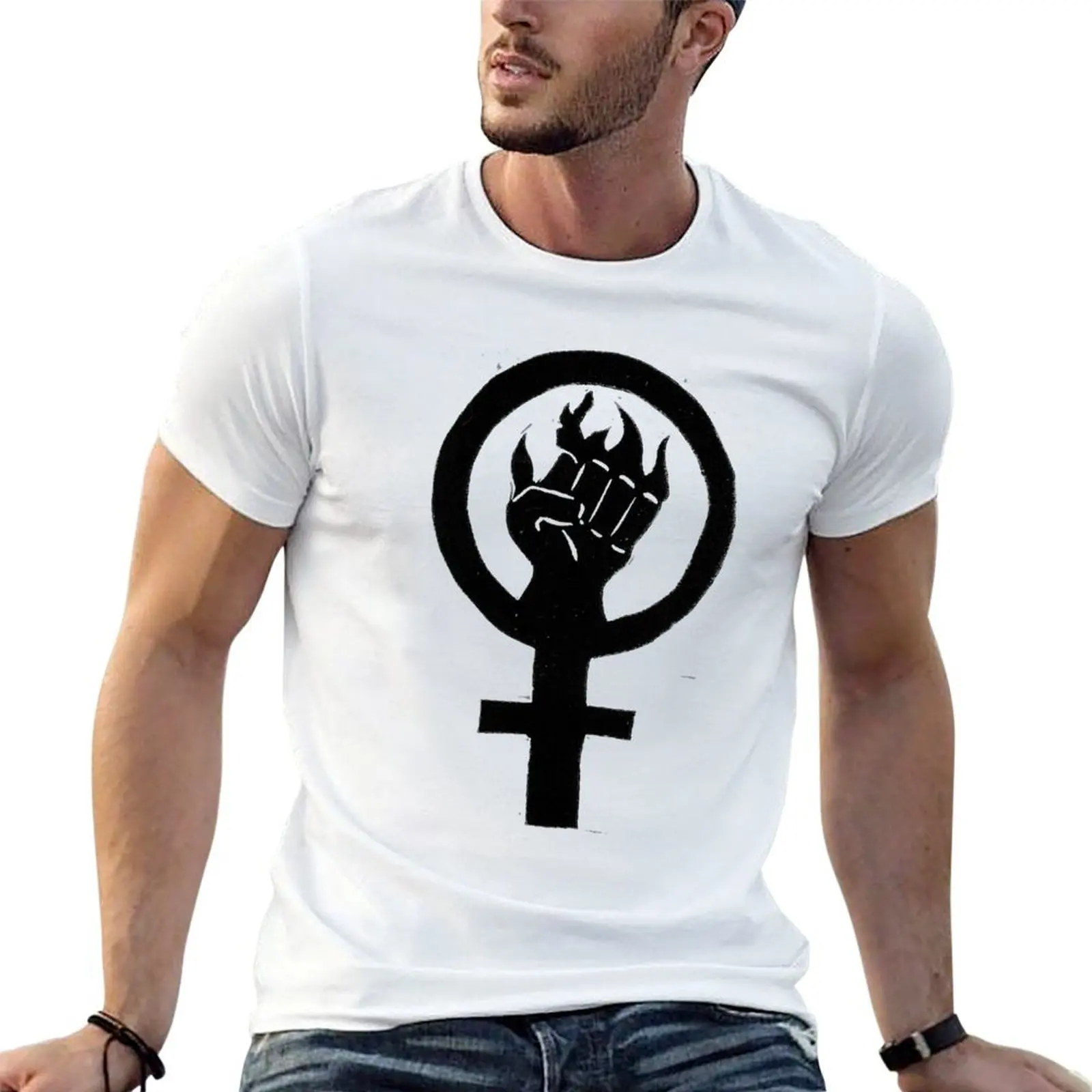 

Block Printed Flaming Feminist Fist T-Shirt t shirt men 100% cotton luxury brand t shirt man casual T-Shirt