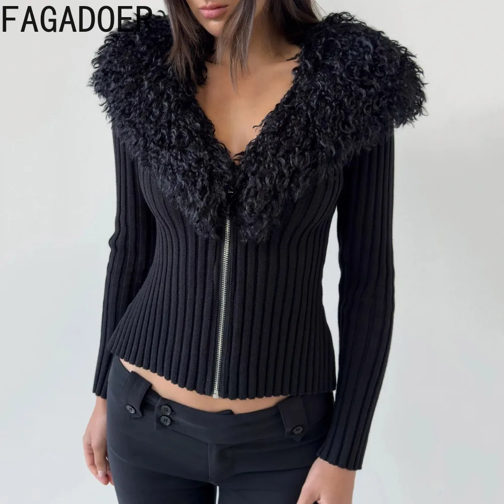 

FAGADOER Sexy Knitting Bodycon Pullover T-shirt for Woman Solid Deep V-neck Long Sleeves Crop Top Female Streetwear Clothing New