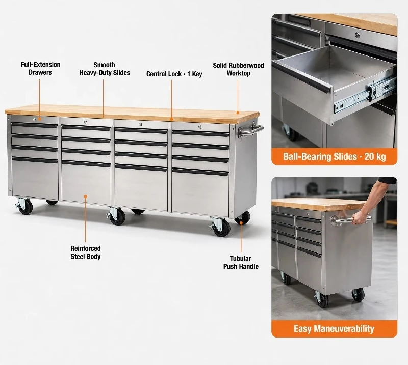Stainless Steel Workbench with Powder Coated Wood Cabinet Tool Cart for Garage Workshop