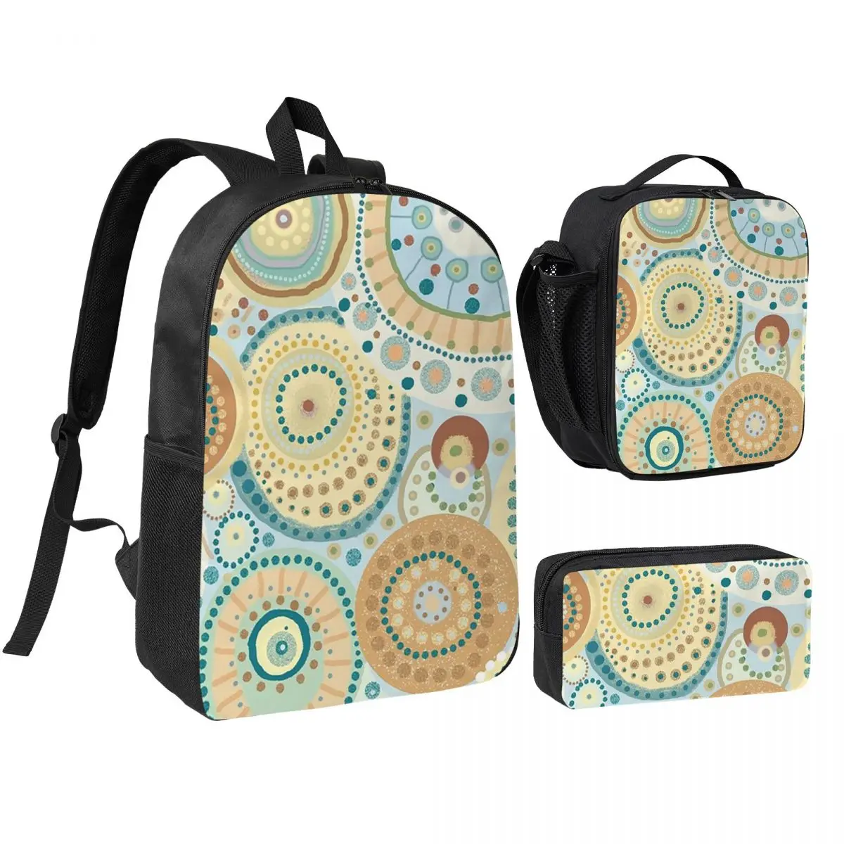 Natural Tones Desigual Mandala Backpack Student BookBag School Bag Shoulder Bags 3ps Insulated Lunch Bag Pencil Case