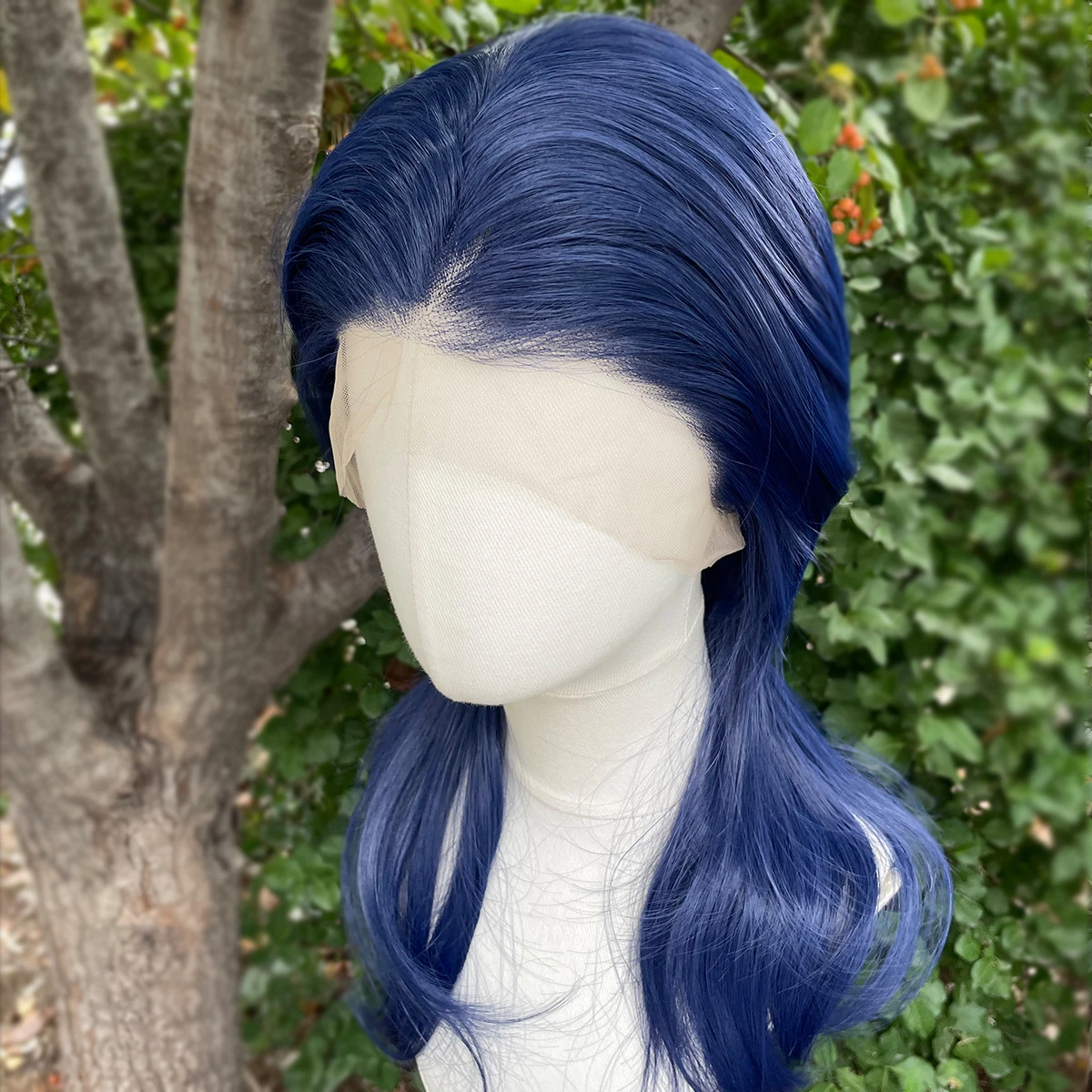 Dark Blue Rocker Cosplay Wigs for Men 13x4 Synthetic Lace Front Wigs for Women Shoulder Length Short Curly Wigs with Ponytails