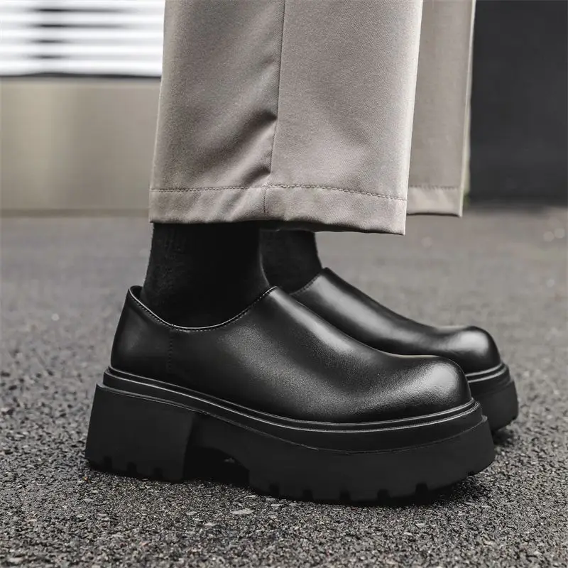 

7CM Thick-soled Men's Height Increase Round Head Leather Trendy Niche Big Head Commuting One Pedal Foot Cover Derby Shoes