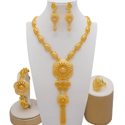 Indian Gold Plated Jewelry Set For Women African Bridal Gold Necklace Earrings Set Dubai 24K Nigerian Wedding Jewellery