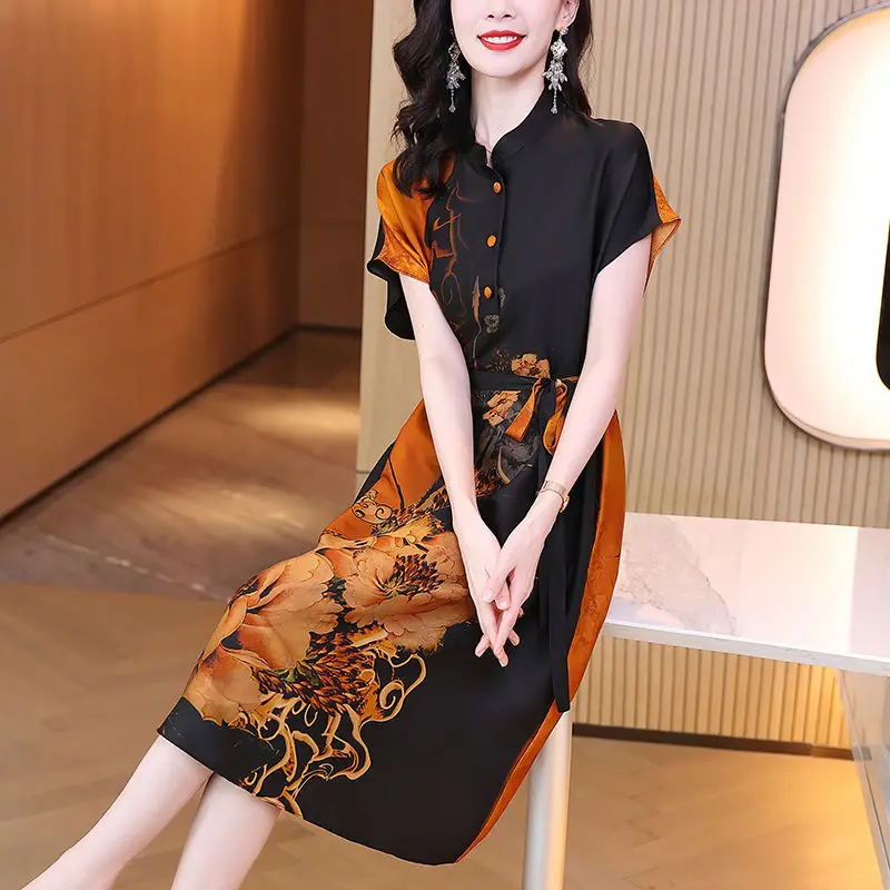 Fashion Stand Collar Button Printed Bandage SILK Vintage Dress Women's Clothing 2024 Summer New Loose Office Lady Party Dress