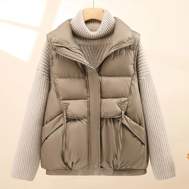 

Korean fashion turn down collar women's vest autumn winter pocket loose down cotton waistcoat warm winter sleeveless jacket