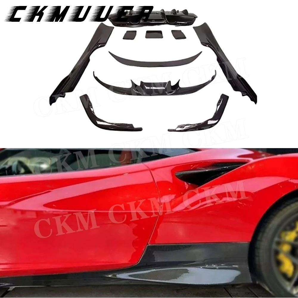 CKMUUER Carbon Fiber Body Kits FRP For Ferrari F8 2019 Front Lip Side Skirts Rear Diffuser Splitters Rear Trunk Spoiler