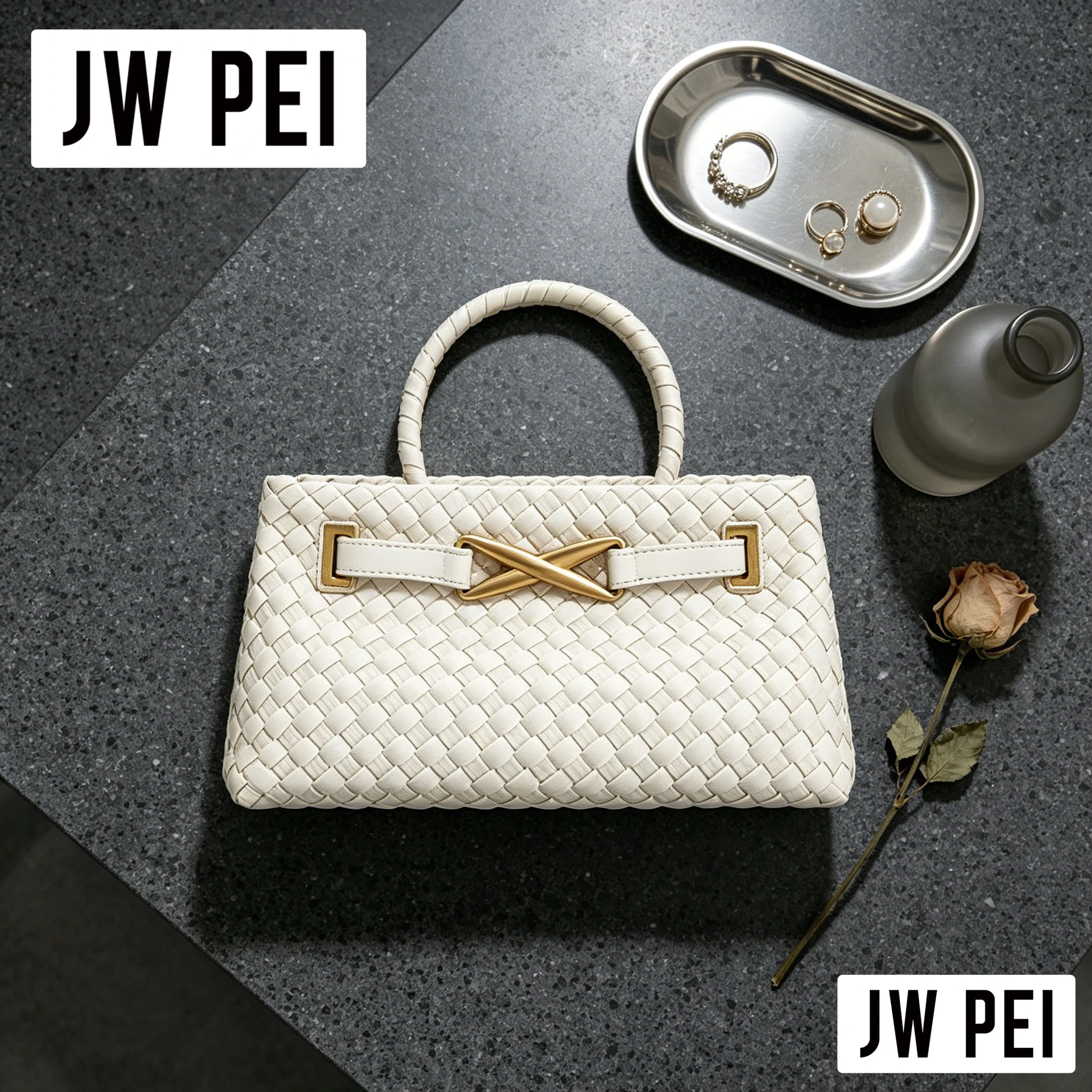 Elegante Bolso Rectangular JW PEI Trenzado a Mano para Mujer, Color Negro Sólido, Cuero Tejido, Bolso de Mano de Lujo para Eventos Formales y Citas