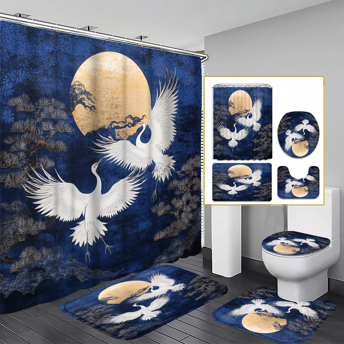 

4 шт., новый китайский стиль, ретро, синяя сосна, облако, журавль, набор занавесок для душа, занавески для ванной комнаты, декоративный душ для ванной комнаты