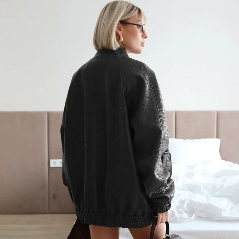 TARUXY Loose Zipper Leather Jacket Women Standing Collar Solid Splicing Long Sleeves PU Leather Coat Autumn High Street Clothing