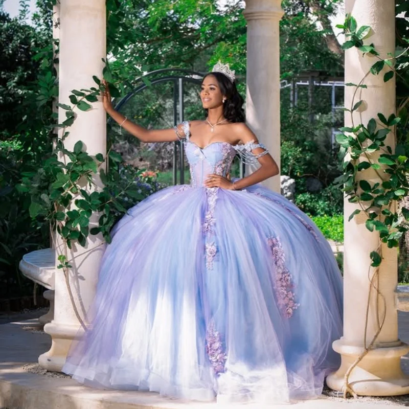 

Lavender Quinceanera Dress Glitter Decal Lace layering 3D Flower Long tail Vestidos De 15 Quinceanera ﻿Customize