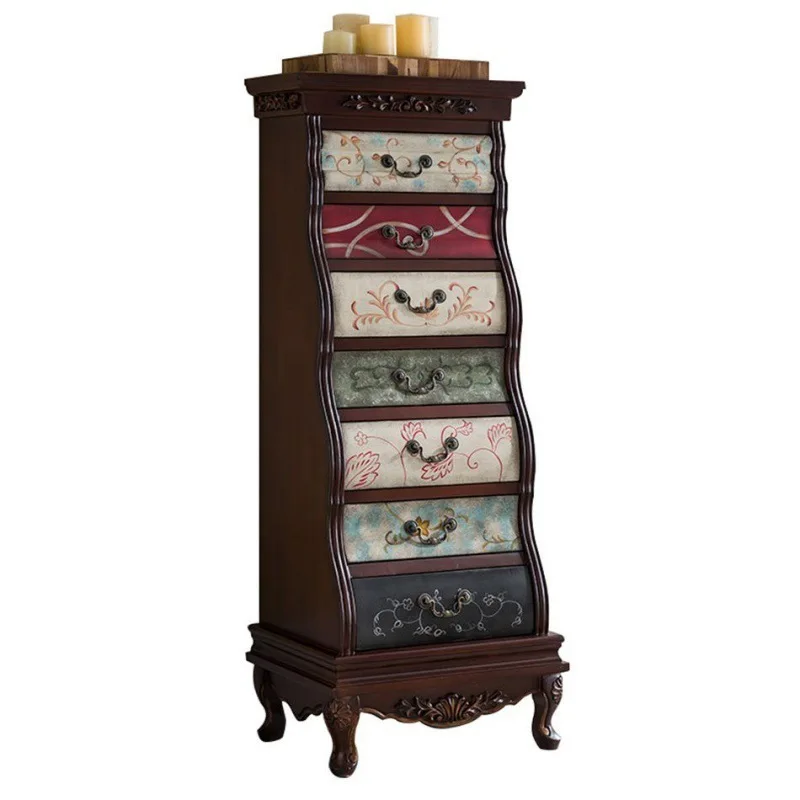 Living Room Small Storage Side Cabinet Solid Wood American Porch Cabinet Old Storage Chest Multi-layer Bedroom