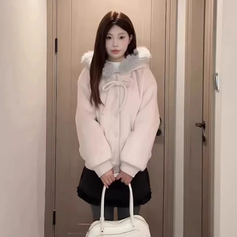 Pink Bow Hooded Jacket Women Long Sleeve Fur Collar Patchwork Korean Hoodies Loose Casual Button Sweet Female Streetwear Outwear