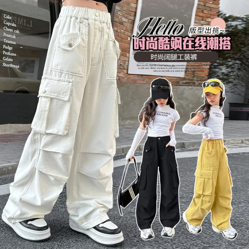 

Girls' overalls, pocket wide-leg pants for spring and autumn, suitable for Teen daily wear, long pants for spring and autumn