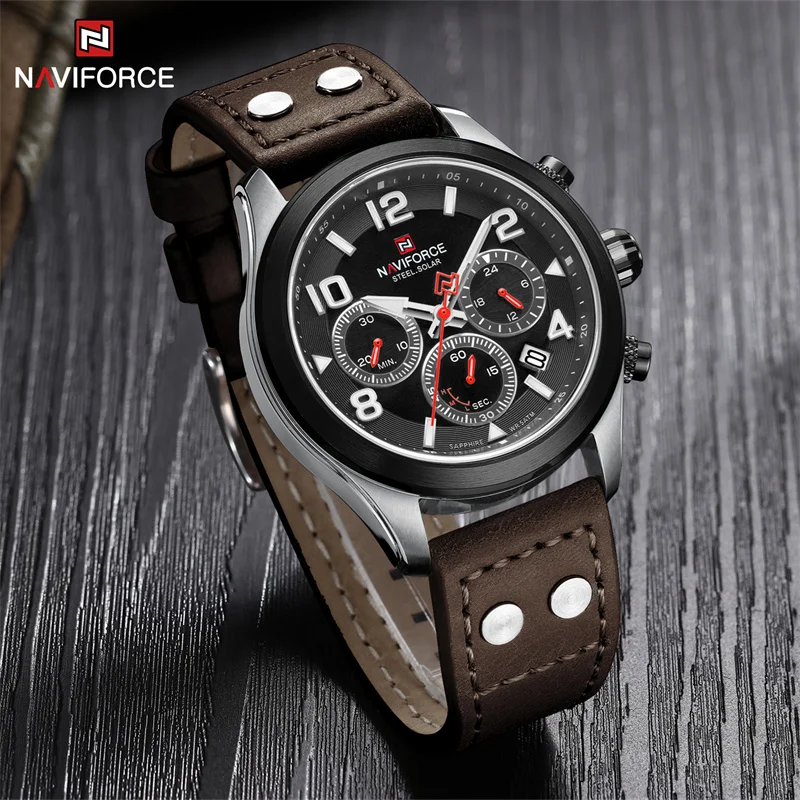 NAVIFORCE Men\'s Multi-function Wristwatches Sports Fashion Waterproof Genuine Leather Strap Eco-Drive Watches Relogio Masculino