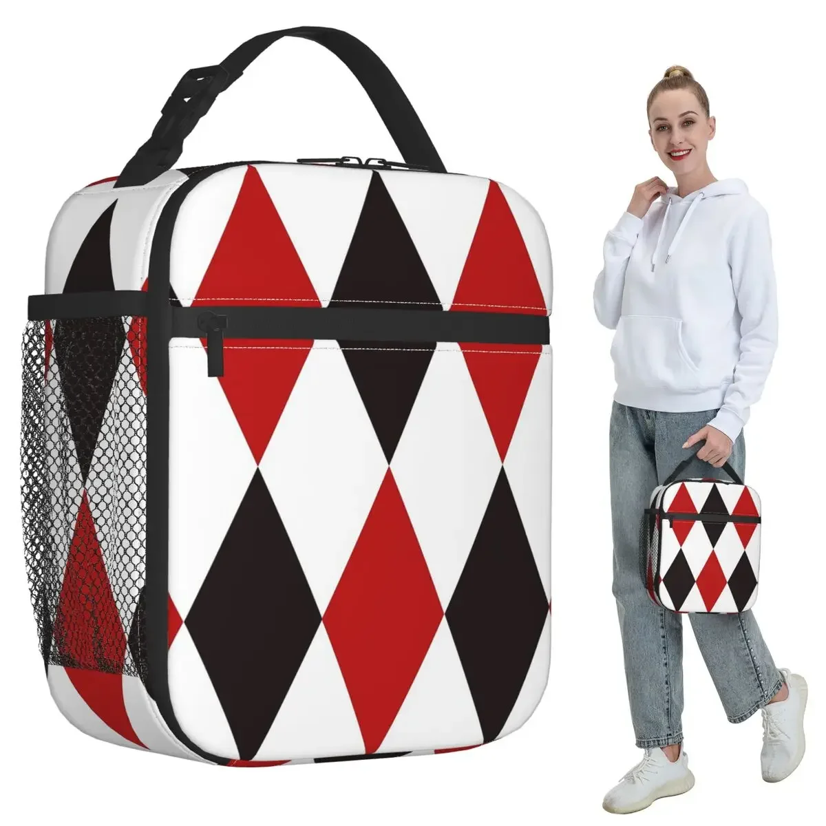 Harlequin Plaid Playing Cards Diamond Insulated Lunch Bag for Kids School Cooler Thermal Food Box Tote  Lunch Boxes Container