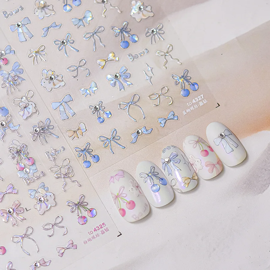 Sweet Pink & Blue Cherry Bowknot Rabbit Nail Stickers 5D Crystal Nail Art Design Decoration Decals DIY Manicure