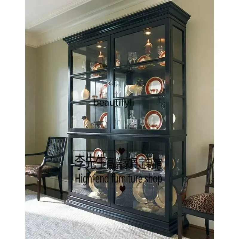 LTL French solid wood black glass door side cabinet, American rural pastoral living room oak bookcase display cabinet D80