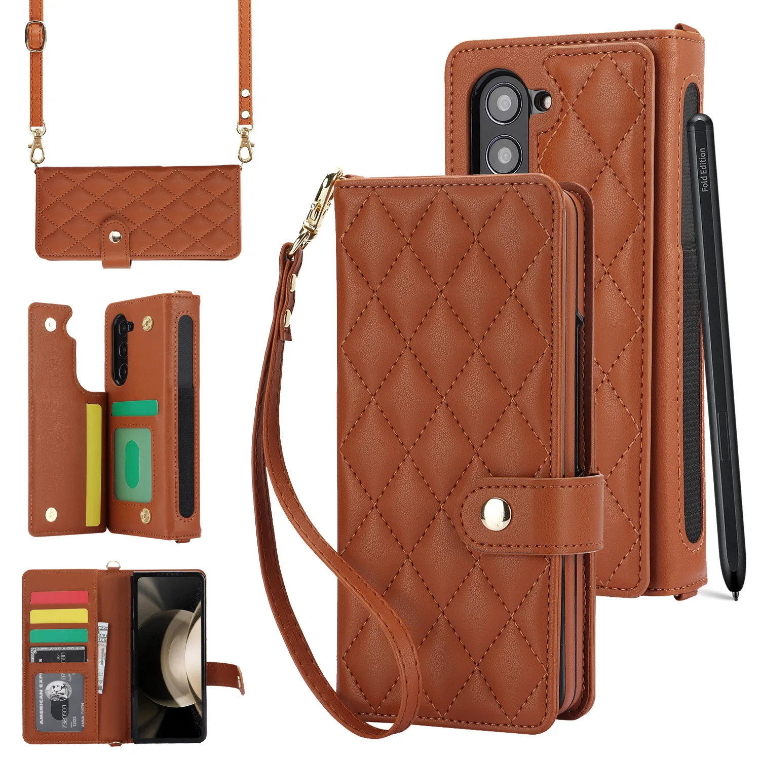 

for Samsung Galaxy Z Fold 5 6 7 Fold 4 Z Fold 3 Case Luxury Card Slot Phone Holder Leather Wallet Strap Cover Crossbody Cases