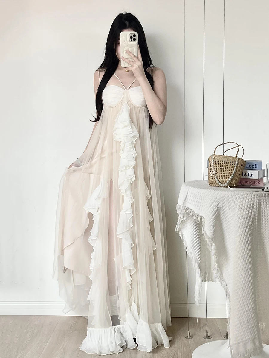 Reddachic fairycore chiffon flowy vestido feminino de uma peça plissado em camadas camisola espartilho maxi vestido longo verão vestido de festa de casamento